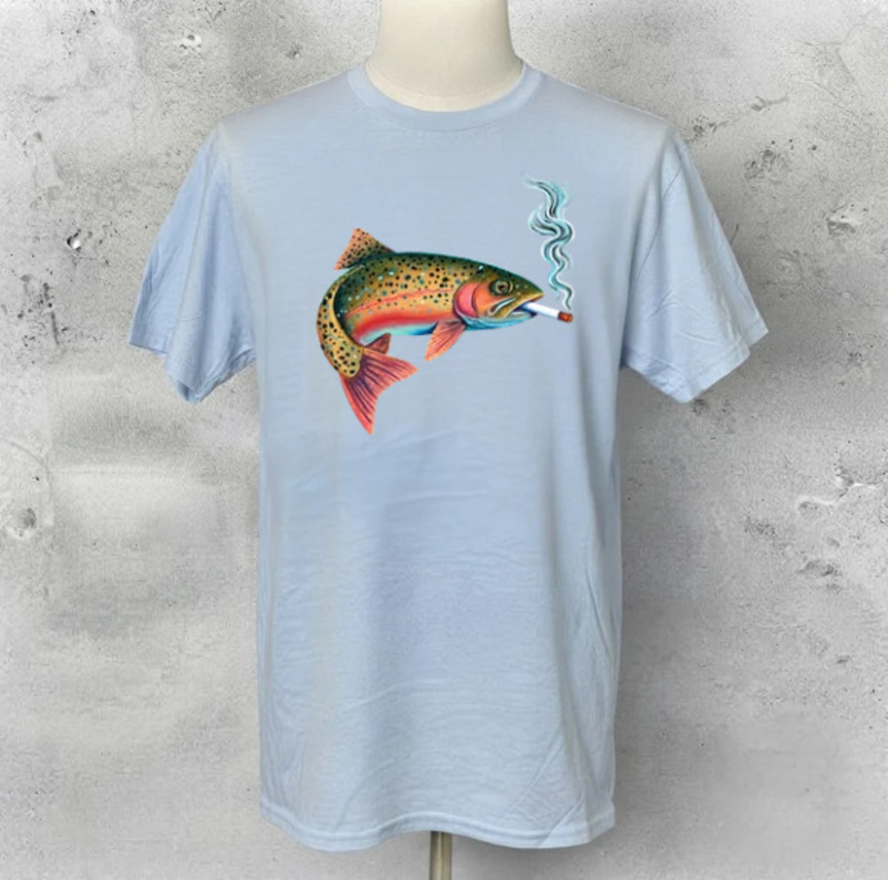 Rainbow Trout Fish Smoking a Cigarette Funny Vintage Light Blue T-Shirt